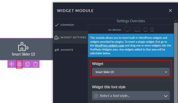 Select Smart Slider for ProPhoto widget module Select Smart slider for ProPhoto widget module