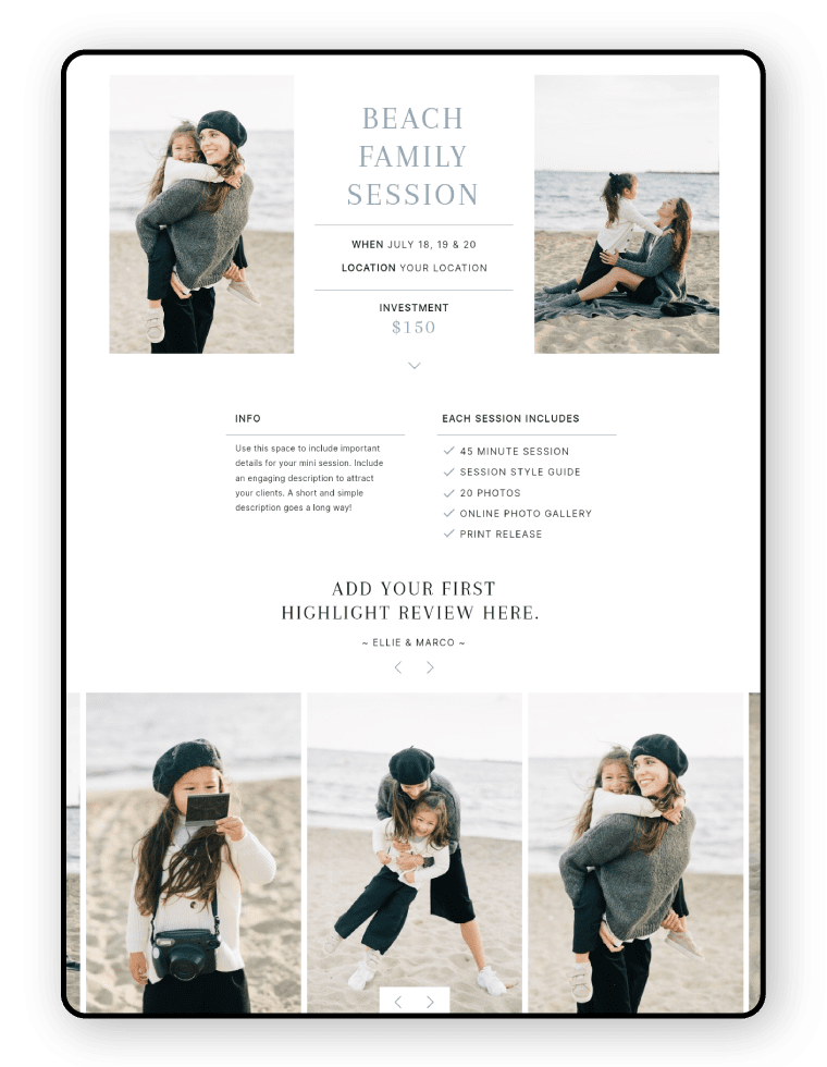 Photography Mini Session Showit Website Page Addon Template